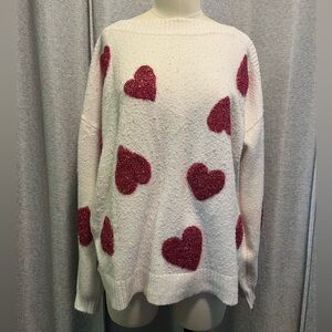 LOFT Cream Sweater with Pink gliter Heart Accents